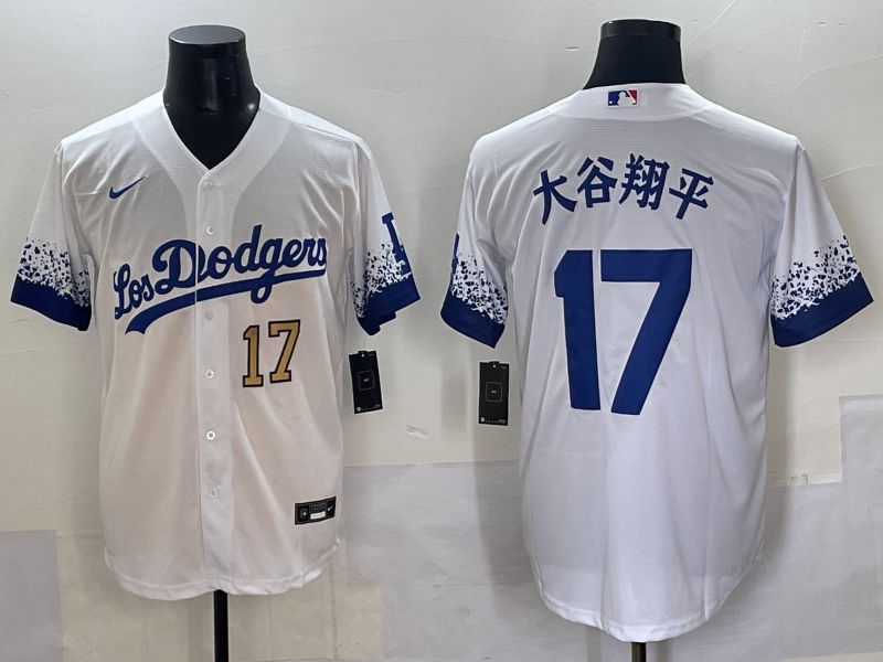 Men Los Angeles Dodgers #17 Ohtani White blue City Edition Nike MLB Jersey style 9